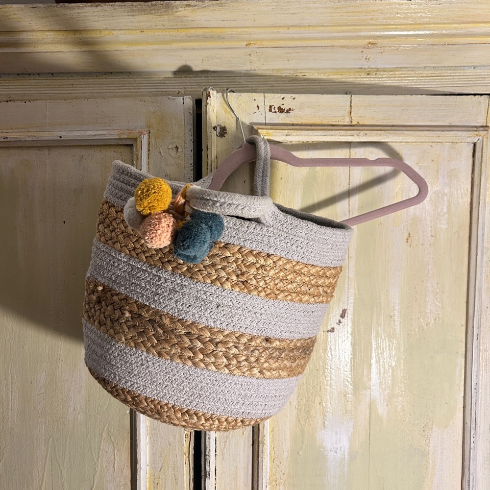 Striped Woven Tote with Pom Poms